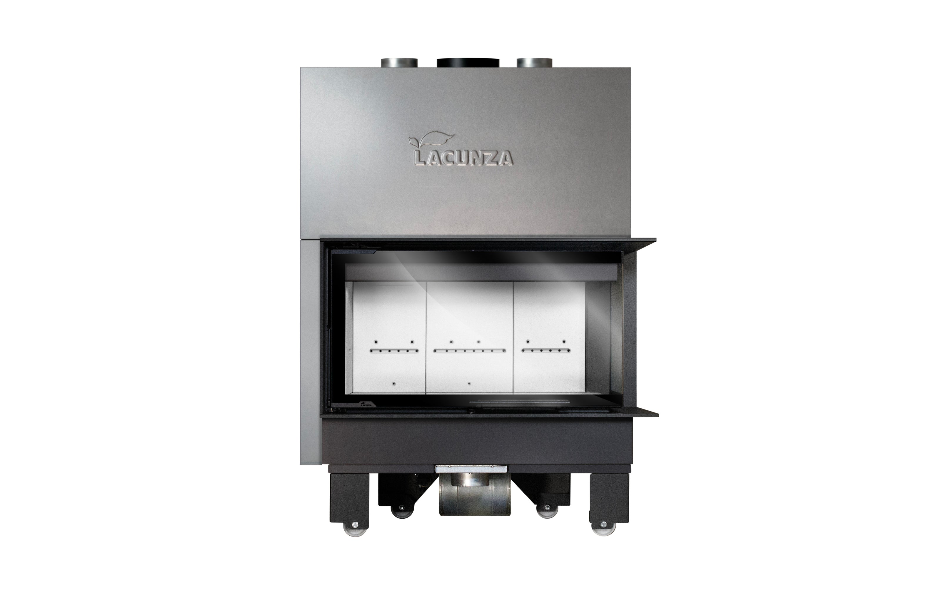 Lacunza IZARO 100 CLD B – wood-burning steel fireplace with corner glass and white combustion chamber