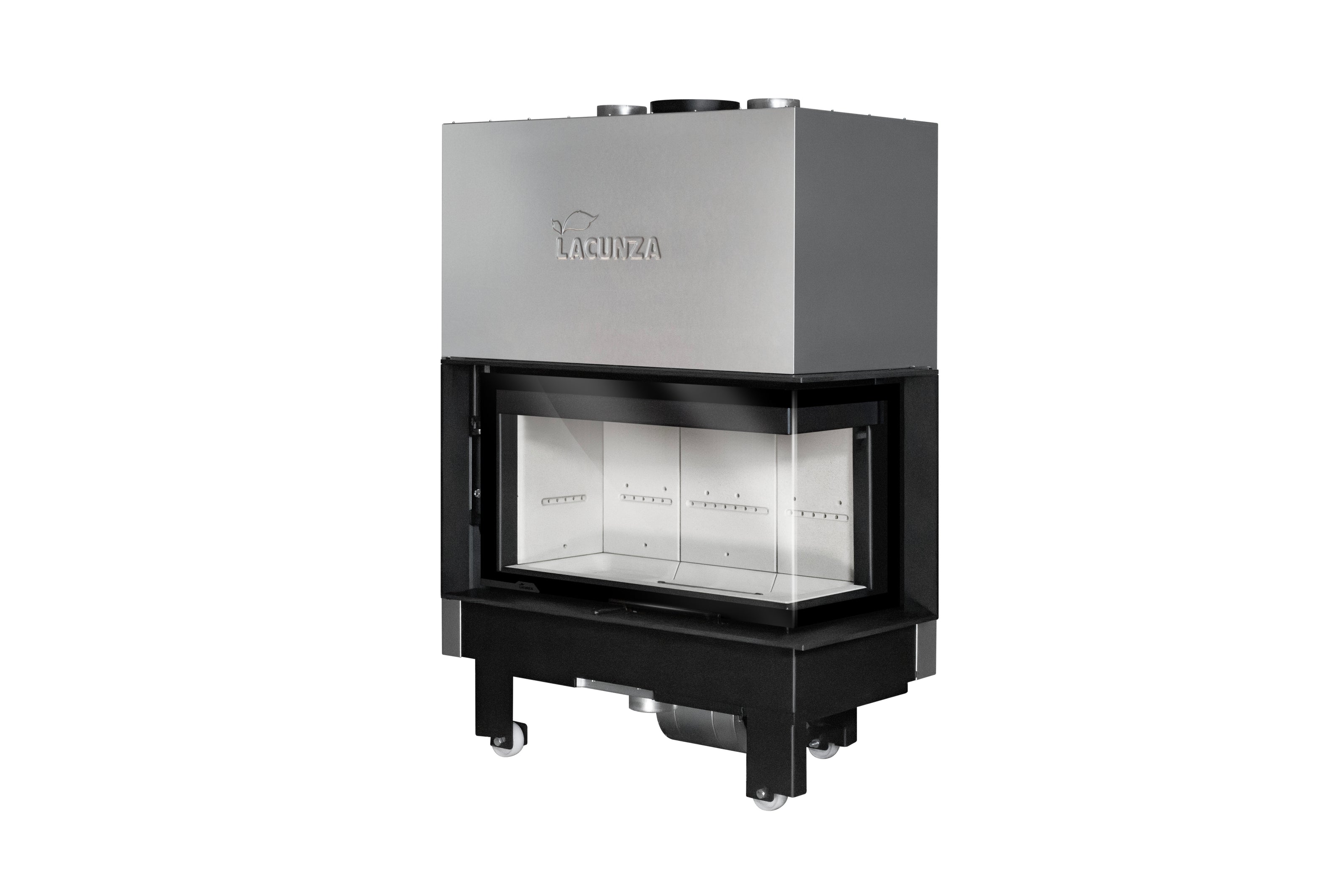 Lacunza IZARO 100 CLD B – wood-burning steel fireplace with corner glass and white combustion chamber