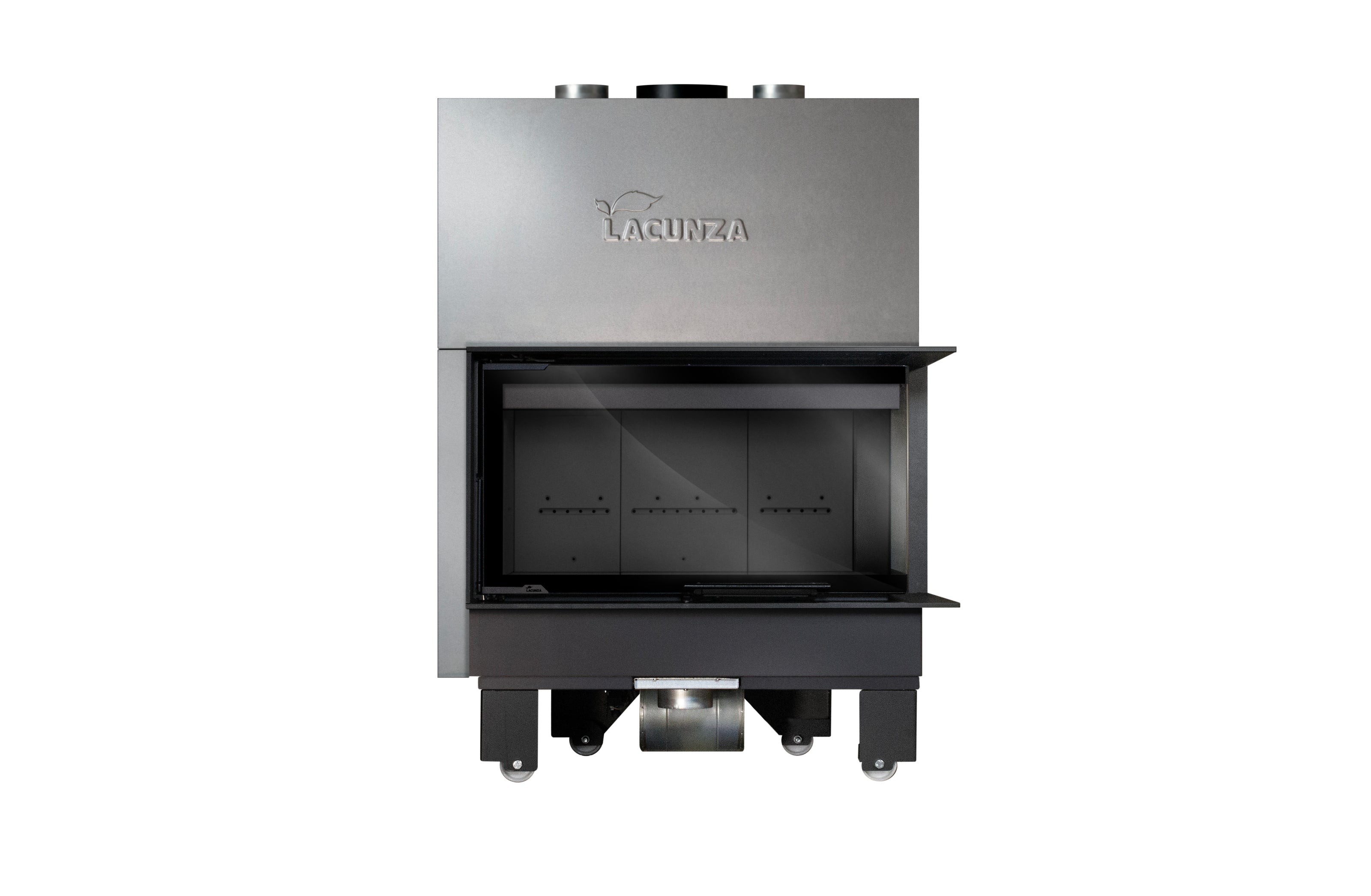 Steel fireplace LACUNZA IZARO 100 CLD N, black, with corner glass and black vermiculite
