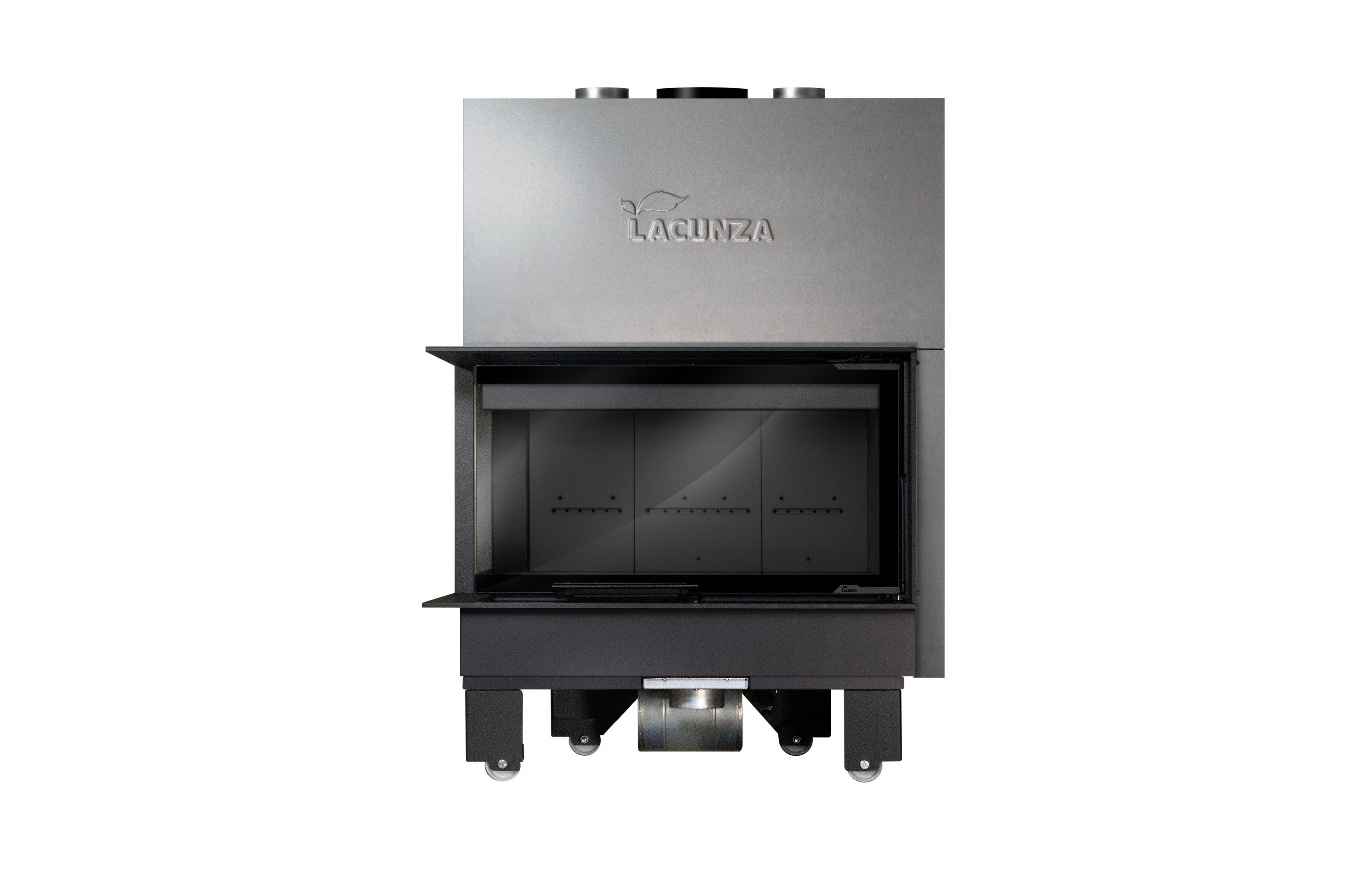 Steel fireplace LACUNZA IZARO 100 CLI N, black, with corner glass and black vermiculite